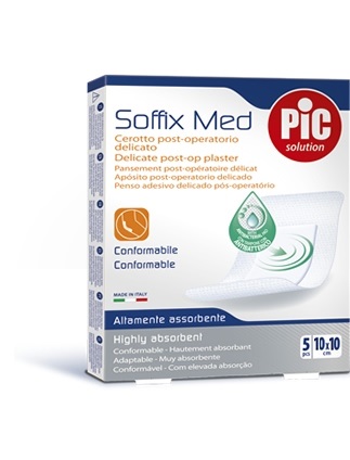 CEROTTO PIC SOFFIX MED IN TNT CON TAMPONE CENTRALE ASSORBENTE STERILE MONOUSO 10X10 CM ANTIBATTERICO 5 PEZZI - Farmacia Castello Srl