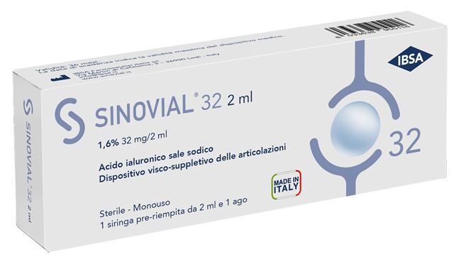 SIRINGA INTRA-ARTICOLARE SINOVIAL 32 ACIDO IALURONICO SALE SODICO 1,6% 32MG/2ML 2ML + AGO 21 GAUGE - Farmacia Castello Srl