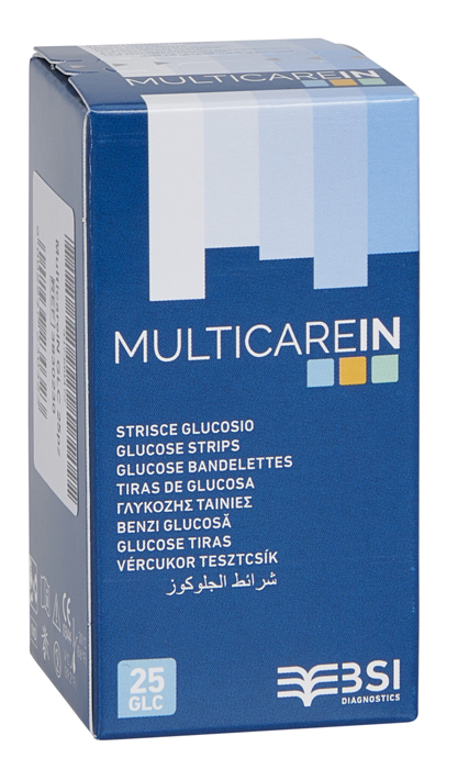 STRISCE MISURAZIONE GLICEMIA MULTICARE IN GLUCOSIO ELETTRODO 25 PEZZI - Farmacia Castello Srl