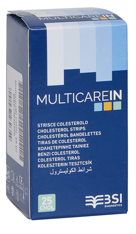 TEST COLESTEROLEMIA MULTICARE IN COLESTEROLO IN STRISCE CON ASPIRAZIONE CAPILLARE 25 PEZZI - Farmacia Castello Srl