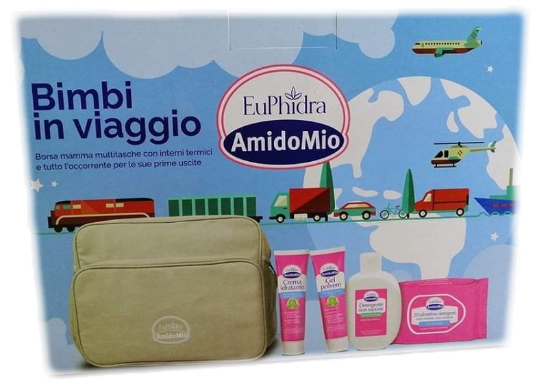 EUPHIDRA AMIDOMIO BORSA BIMBI VIAGGIO GEL POLVERE 50 ML + DETERGENTE NON SAPONE 200 ML + CREMA IDRATANTE 50 ML + SALVIETTINE 20 PEZZI - Farmacia Castello Srl