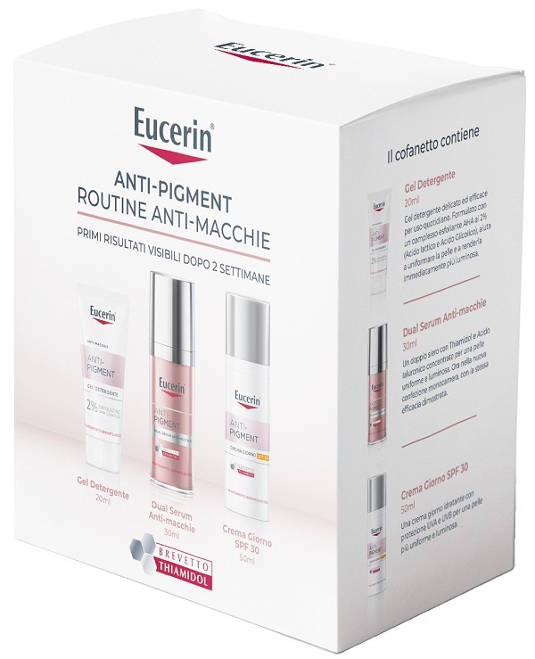 EUCERIN ROUTINE ANTI PIGMENT Q4 2025 1 DUAL SERUM ANTI MACCHIE 30 ML + 1 CREMA GIORNO SPF30 50 ML + 1 GEL DETERGENTE 20 ML - Farmacia Castello Srl