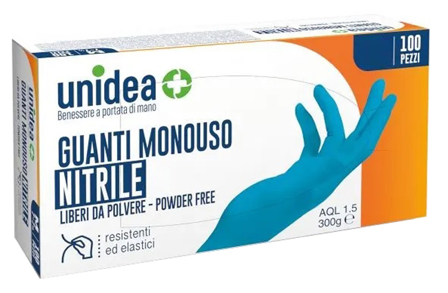 GUANTI IN NITRILE SENZA POLVERE UNIDEA MISURA MEDIA 100 PEZZI - Farmacia Castello Srl