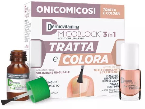 DERMOVITAMINA MICOBLOCK 3 IN 1 TRATTA E COLORA SOLUZIONE UNGUEALE 7 ML + SMALTO IDRATANTE TRASPIRANTE 5 ML - Farmacia Castello Srl