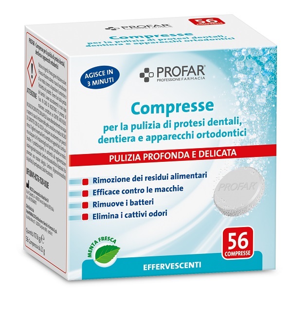 PROFAR COMPRESSE PULIZIA PROTESI DENTALI-DENTIERA-APPARECCHI ORTODONTICI 56 PEZZI - Farmacia Castello Srl