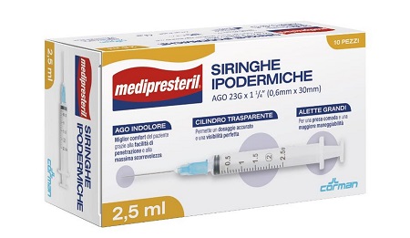 SIRINGA IPODERMICA MEDIPRESTERIL AGO 23 GAUGE 1 1/4 0,6X30MM 2,5 ML 10 PEZZI - Farmacia Castello Srl
