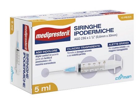 SIRINGA IPODERMICA MEDIPRESTERIL AGO 23 GAUGE 1 1/4 0,5X30MM 5 ML 10 PEZZI - Farmacia Castello Srl
