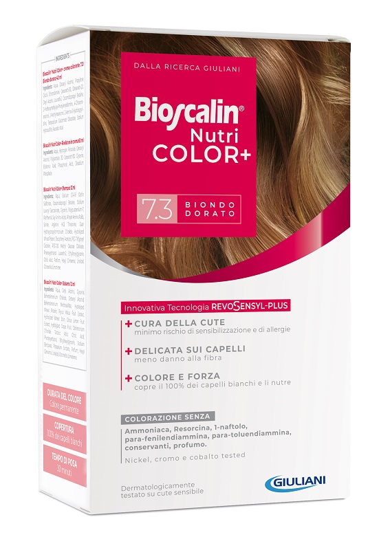 BIOSCALIN NUTRICOLOR PLUS 7,3 BIONDO DORATO CREMA COLORANTE 40 ML + RIVELATORE CREMA 60 ML + SHAMPOO 12 ML + TRATTAMENTO FINALE BALSAMO 12 ML - Farmacia Castello Srl