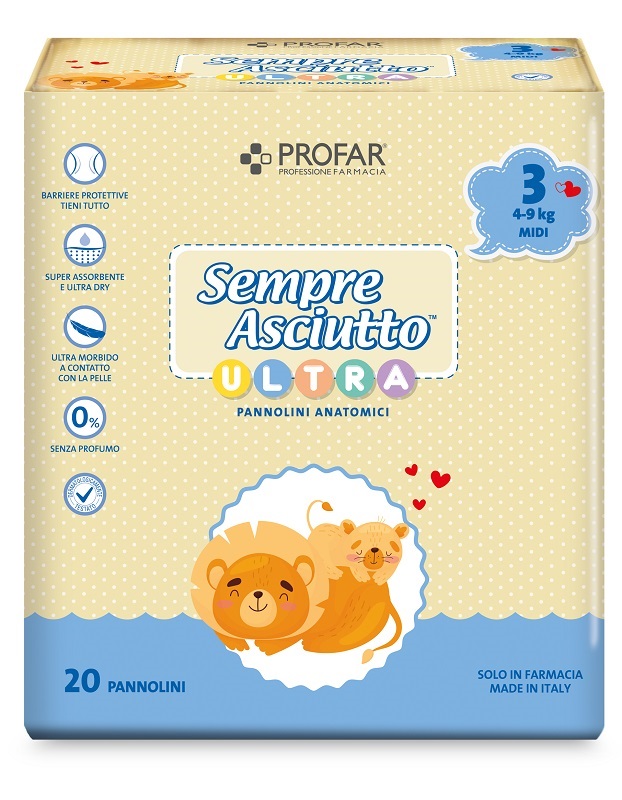 PANNOLINI PROFAR SEMPRE ASCIUTTO ULTRA MIDI 4/9 KG 20 PEZZI - Farmacia Castello Srl