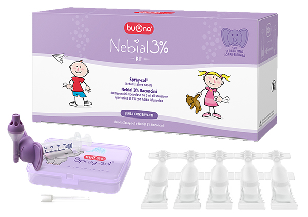 NEBIAL 3% KIT 20 FLACONCINI MONODOSE 5ML SOLUZIONE IPERTONICA CON ACIDO IALURONICO + NEBULIZZATORE SPRAY-SOL - Farmacia Castello Srl