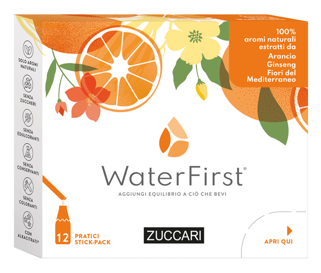 WATER FIRST ARANCIA-GINSENG-FIORI MEDITERRANEO 12 STICK PACK - Farmacia Castello Srl